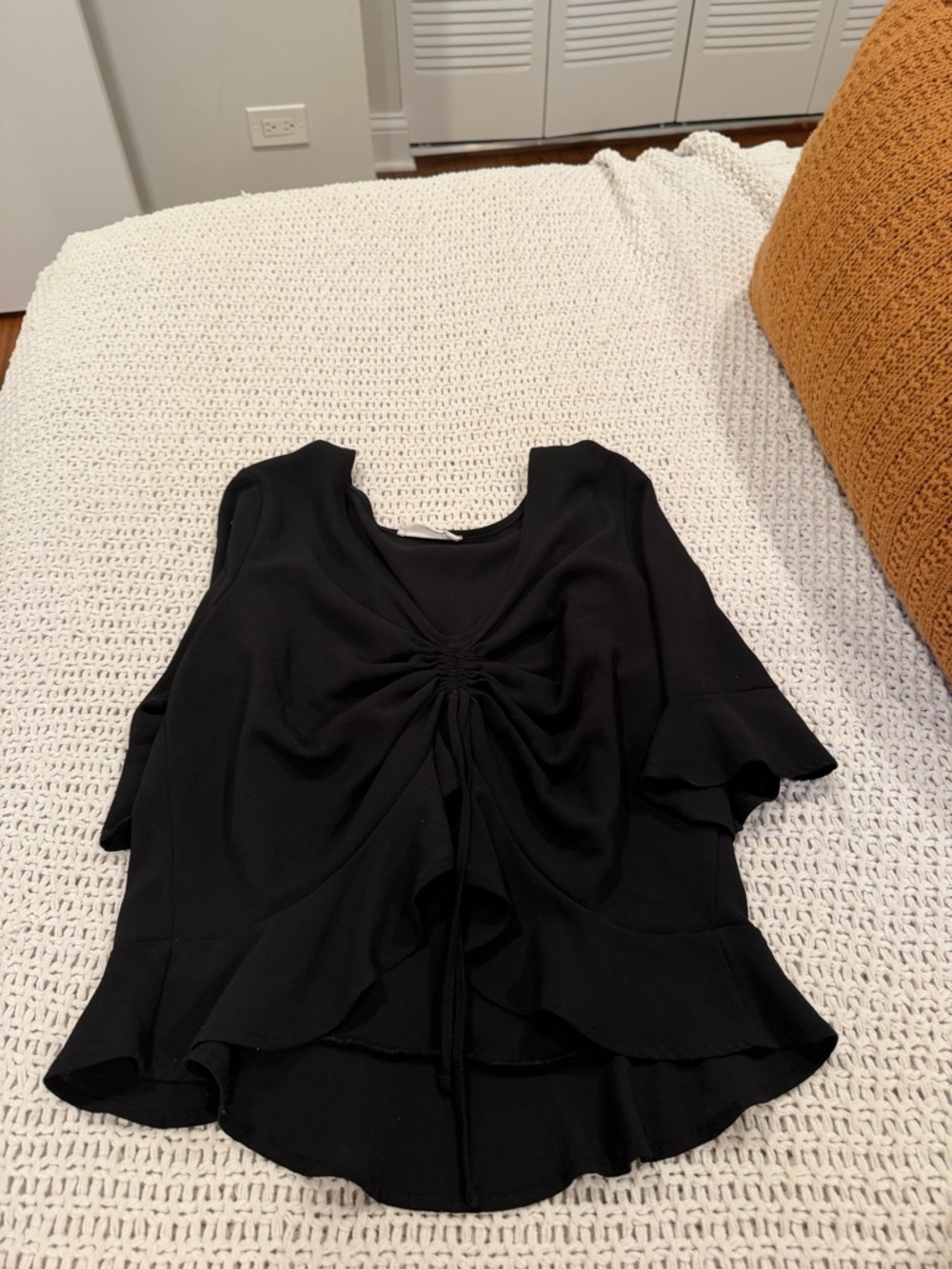 Elodie Black Ruched Drawstring Short Sleeve Blouse